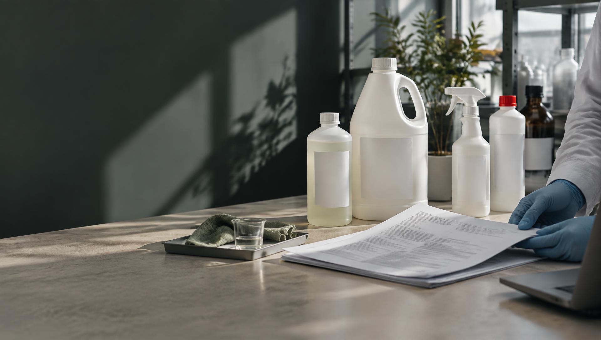 Chemical products and a safety data sheet on a Nordic workbench